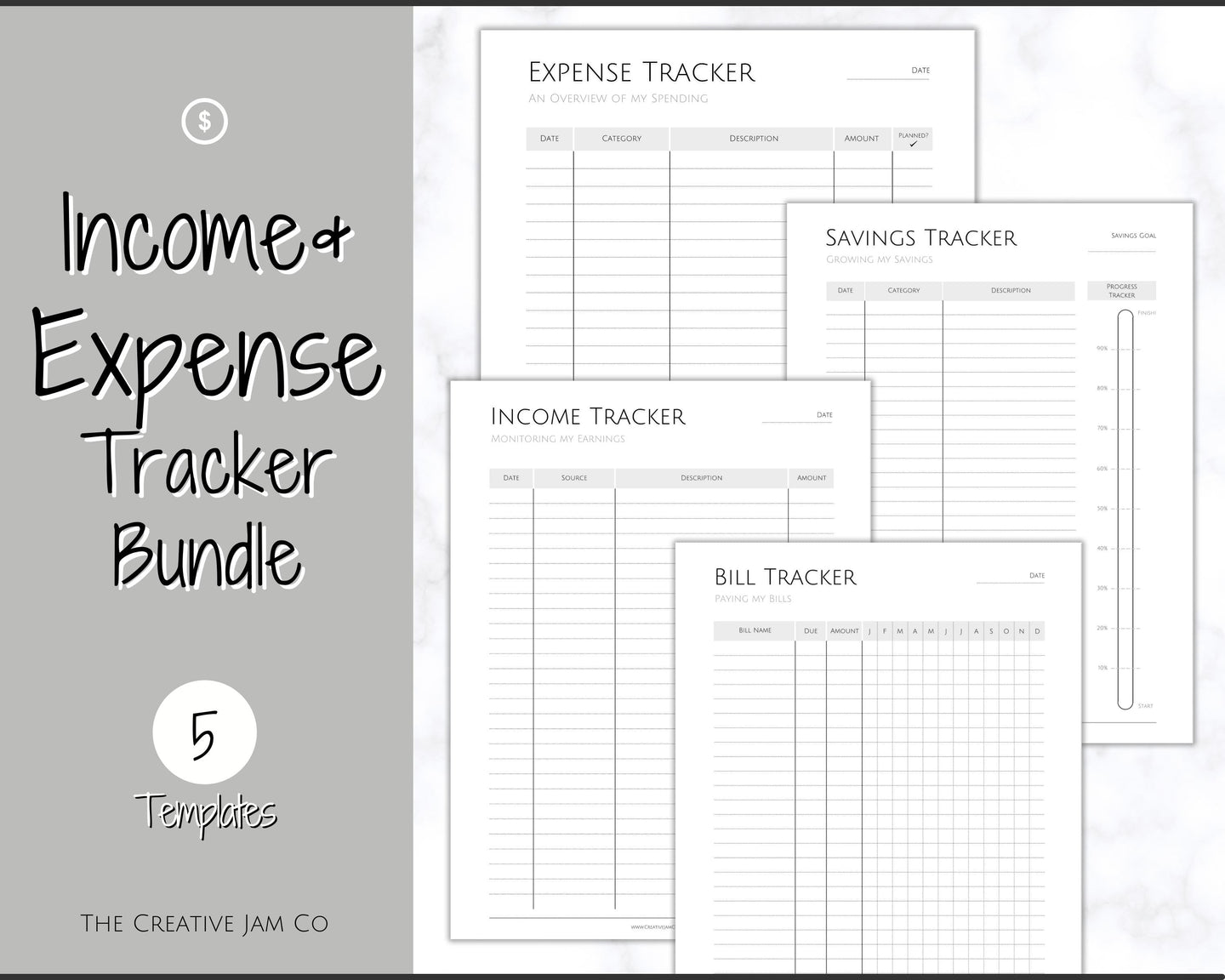 Income and Expenses Tracker BUNDLE with Savings & Bill Tracker, Budget Planner Printable Templates, Bills, Spending, Personal Finance Planner Binder | Mono