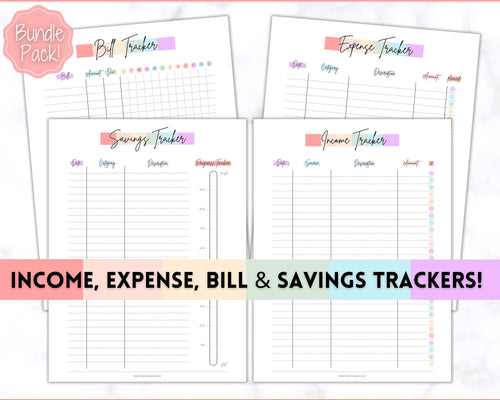 Income and Expenses Tracker BUNDLE with Savings & Bill Tracker, Budget Planner Printable Templates, Bills, Spending, Personal Finance Planner Binder | Pastel Rainbow