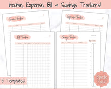 Load image into Gallery viewer, Income and Expenses Tracker BUNDLE with Savings &amp; Bill Tracker, Budget Planner Printable Templates, Bills, Spending, Personal Finance Planner Binder | Pink Watercolor
