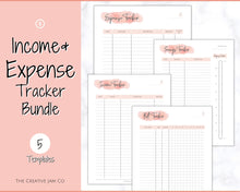 Load image into Gallery viewer, Income and Expenses Tracker BUNDLE with Savings &amp; Bill Tracker, Budget Planner Printable Templates, Bills, Spending, Personal Finance Planner Binder | Pink Watercolor
