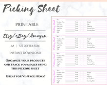 Load image into Gallery viewer, Inventory Picking Sheet for Poshmark, eBay, Etsy Amazon Sellers. Printable Template for small business and online stores Track vintage items
