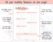 Load image into Gallery viewer, MONTHLY Budget Planner Printable, Financial Tracker Template, Paycheck, Savings Tracker, Binder, Debt, Bill, Spending, Expense Income
