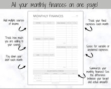 Load image into Gallery viewer, MONTHLY Budget Planner Printable, Financial Tracker Template, Paycheck, Savings Tracker, Binder, Debt, Bill, Spending, Expense Income
