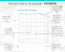 Load image into Gallery viewer, Meal Planner, Food Diary, Fitness Planner with Grocery List. Weight loss &amp; Food Journal. Weekly meal planner, workout planner, diet food log | Blue
