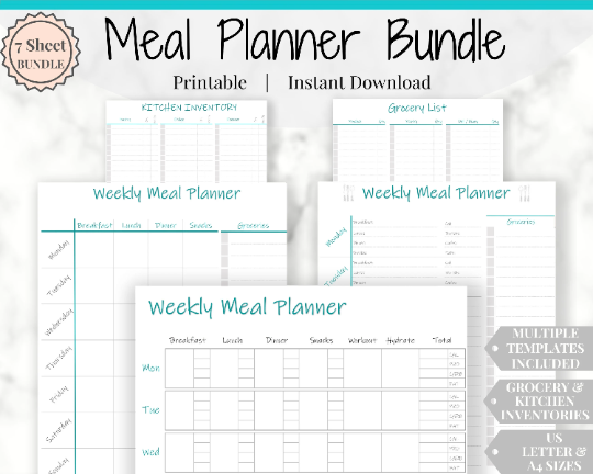 Meal Planner, Food Diary, Fitness Planner with Grocery List. Weight loss & Food Journal. Weekly meal planner, workout planner, diet food log | Blue