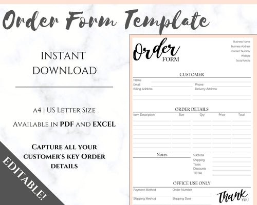 ORDER FORM Invoice Template, EDITABLE Custom Receipt Template, Printable Customer Sales Order Invoice, Receipt Form, Edit, Download A4 Pdf | Style 6