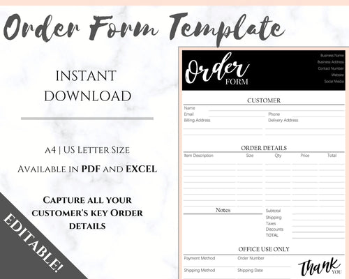 ORDER FORM Invoice Template, EDITABLE Custom Receipt Template, Printable Customer Sales Order Invoice, Receipt Form, Edit, Download A4 Pdf | Style 7