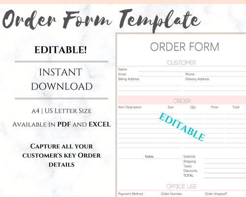 ORDER FORM Invoice Template, EDITABLE Custom Receipt Template, Printable Customer Sales Order Invoice, Receipt Form, Edit & Download | Style 9