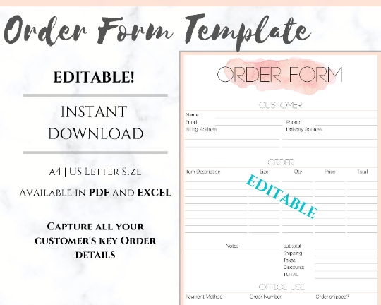 ORDER FORM Invoice Template, EDITABLE Custom Receipt Template, Printable Minimal Customer Sales Order Invoice, Receipt Form, Edit, Download | Style 4