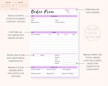 Load image into Gallery viewer, Order Form Template. Printable PURPLE Customer Order Sales Invoice. Printable Invoice. Ordering Form Receipt. PDF Digital Download | Style 2
