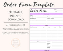 Load image into Gallery viewer, Order Form Template. Printable PURPLE Customer Order Sales Invoice. Printable Invoice. Ordering Form Receipt. PDF Digital Download | Style 2
