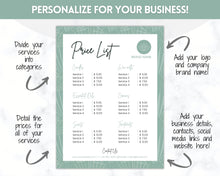 Load image into Gallery viewer, PRICE LIST Template Editable! Price Sheet, Pricing Guide, Hair Salon, Hairdresser, Photography, Beauty, Menu, Make up, Tags, Tumbler, Canva | Style 15
