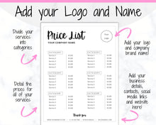 Load image into Gallery viewer, PRICE LIST Template Editable. Printable Price Sheet, Price Guide, Hair Salon, Hairdresser, Beauty, Black Monochrome, Custom Menu, Pricing | Style 8
