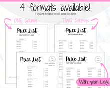 Load image into Gallery viewer, PRICE LIST Template Editable. Printable Price Sheet, Price Guide, Hair Salon, Hairdresser, Beauty, Black Monochrome, Custom Menu, Pricing | Style 8
