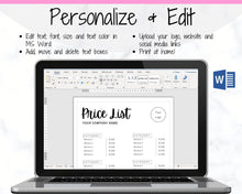 Load image into Gallery viewer, PRICE LIST Template Editable. Printable Price Sheet, Price Guide, Hair Salon, Hairdresser, Beauty, Black Monochrome, Custom Menu, Pricing | Style 8
