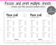 Load image into Gallery viewer, PRICE LIST Template Editable. Printable Price Sheet, Price Guide, Hair Salon, Hairdresser, Beauty, Black Monochrome, Custom Menu, Pricing | Style 8
