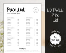 Load image into Gallery viewer, PRICE LIST Template Editable. Printable Price Sheet, Price Guide, Hair Salon, Hairdresser, Beauty, Black Monochrome, Custom Menu, Pricing | Style 8
