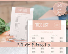 Load image into Gallery viewer, PRICE LIST Template Editable. Printable Price Sheet, Price Guide, Hair Salon, Hairdresser, Beauty, Pink Watercolor, Custom Menu, Pricing | Style 2
