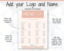 Load image into Gallery viewer, PRICE LIST Template Editable. Printable Price Sheet, Price Guide, Hair Salon, Hairdresser, Beauty, Pink Watercolor, Custom Menu, Pricing | Style 2
