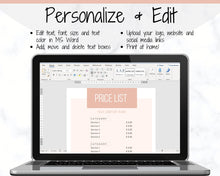 Load image into Gallery viewer, PRICE LIST Template Editable. Printable Price Sheet, Price Guide, Hair Salon, Hairdresser, Beauty, Pink Watercolor, Custom Menu, Pricing | Style 2
