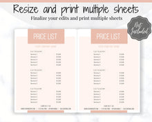 Load image into Gallery viewer, PRICE LIST Template Editable. Printable Price Sheet, Price Guide, Hair Salon, Hairdresser, Beauty, Pink Watercolor, Custom Menu, Pricing | Style 2
