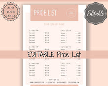 Load image into Gallery viewer, PRICE LIST Template Editable. Printable Price Sheet, Price Guide, Hair Salon, Hairdresser, Beauty, Pink Watercolor, Custom Menu, Pricing | Style 2
