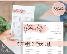 Load image into Gallery viewer, PRICE LIST Template Editable. Printable Price Sheet, Price Guide, Hair Salon, Hairdresser, Beauty, Pink Watercolor, Custom Menu, Pricing | Style 4
