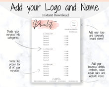 Load image into Gallery viewer, PRICE LIST Template Editable. Printable Price Sheet, Price Guide, Hair Salon, Hairdresser, Beauty, Pink Watercolor, Custom Menu, Pricing | Style 4
