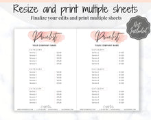 Load image into Gallery viewer, PRICE LIST Template Editable. Printable Price Sheet, Price Guide, Hair Salon, Hairdresser, Beauty, Pink Watercolor, Custom Menu, Pricing | Style 4
