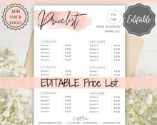 Load image into Gallery viewer, PRICE LIST Template Editable. Printable Price Sheet, Price Guide, Hair Salon, Hairdresser, Beauty, Pink Watercolor, Custom Menu, Pricing | Style 4
