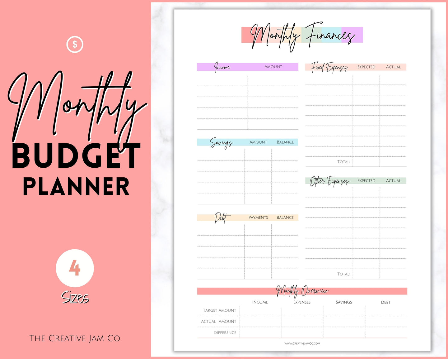 Paycheck Budget Planner Printable, Monthly Financial Tracker Template, Savings Tracker, Binder, Debt, Bill, Spending, Expenses Income Money | Pastel Rainbow