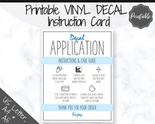 Load image into Gallery viewer, Printable Vinyl Decal Care Card Instructions. Decal Application Order Card, DIY Sticker Seller Packaging Label, Vinyl Decal Care Cards | Blue
