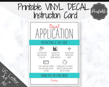 Load image into Gallery viewer, Printable Vinyl Decal Care Card Instructions. Decal Application Order Card, DIY Sticker Seller Packaging Label, Vinyl Decal Care Cards | Teal &amp; Red
