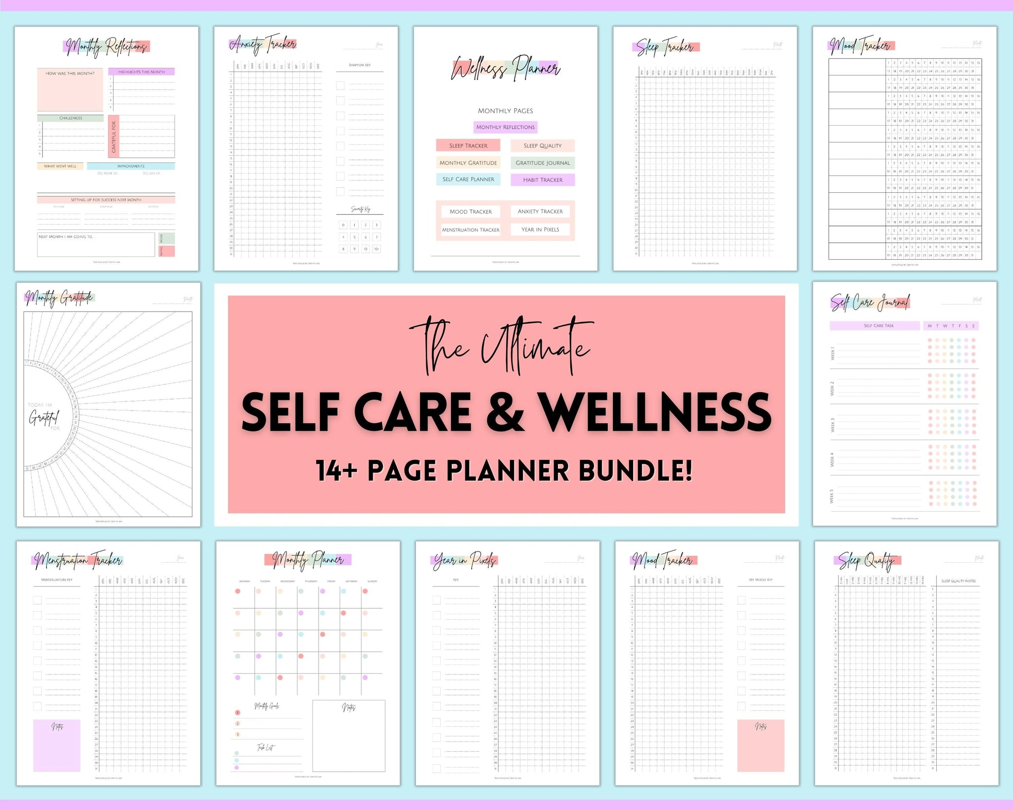 Self Care Planner & Wellness Journal BUNDLE | Printable Selfcare Tracker  Checklist, Wellbeing, Mindfulness & Health Planners | Pastel Rainbow