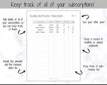 Load image into Gallery viewer, Subscription Tracker Printable, Expense Tracker, Budget Planner, Monthly Membership Log, Annual Bill Organizer, Finance, Planner Binder | Monochrome
