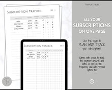 Load image into Gallery viewer, Subscription Tracker Printable, Expense Tracker, Budget Planner, Monthly Membership Log, Annual Bill Organizer, Finance, Planner Binder | Monochrome
