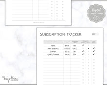 Load image into Gallery viewer, Subscription Tracker Printable, Expense Tracker, Budget Planner, Monthly Membership Log, Annual Bill Organizer, Finance, Planner Binder | Monochrome
