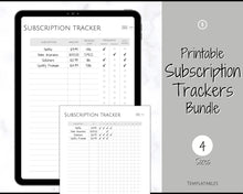 Load image into Gallery viewer, Subscription Tracker Printable, Expense Tracker, Budget Planner, Monthly Membership Log, Annual Bill Organizer, Finance, Planner Binder | Monochrome
