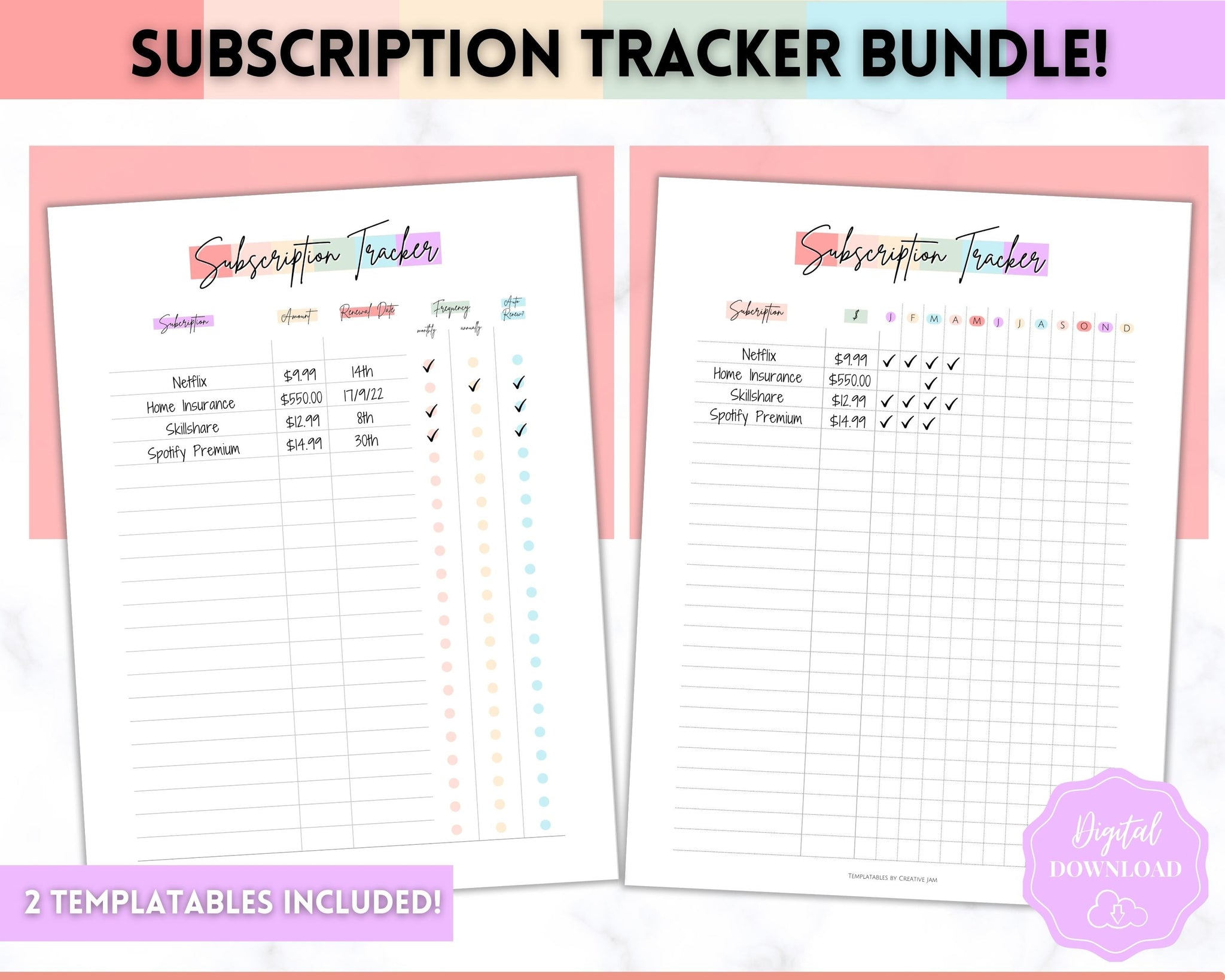 Subscription Tracker Printable, Monthly Budget Planner