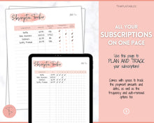 Load image into Gallery viewer, Subscription Tracker Printable, Expense Tracker, Budget Planner, Monthly Membership Log, Annual Bill Organizer, Finance, Planner Binder | Pink Watercolor
