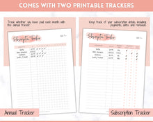 Load image into Gallery viewer, Subscription Tracker Printable, Expense Tracker, Budget Planner, Monthly Membership Log, Annual Bill Organizer, Finance, Planner Binder | Pink Watercolor
