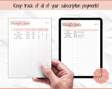 Load image into Gallery viewer, Subscription Tracker Printable, Expense Tracker, Budget Planner, Monthly Membership Log, Annual Bill Organizer, Finance, Planner Binder | Pink Watercolor
