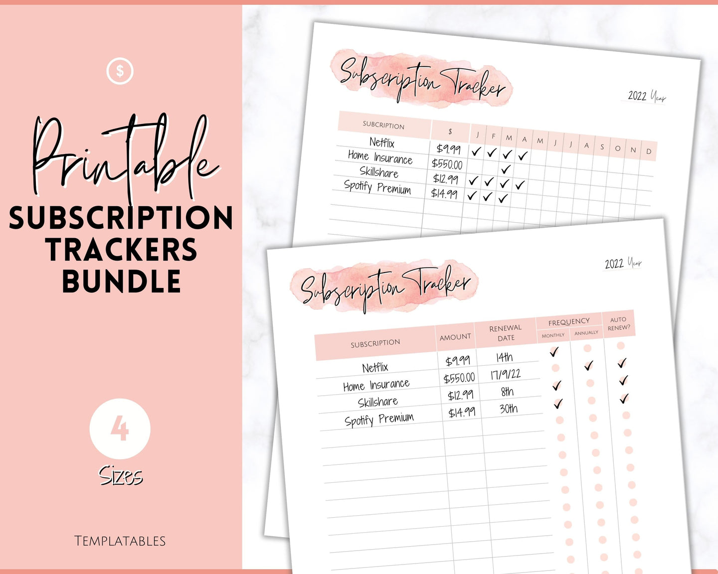 Subscription Tracker Printable, Expense Tracker, Budget Planner, Monthly Membership Log, Annual Bill Organizer, Finance, Planner Binder | Pink Watercolor