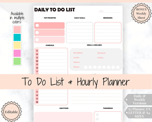 To do List Printable, Hourly Planner Checklist. Undated Weekly + daily planner, Goal Planner, A5 Inserts, Daily To Do list & Agenda, Student - Pink