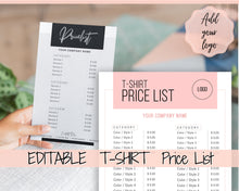 Load image into Gallery viewer, Tshirt PRICE LIST Template Editable. Printable Price Sheet, Price Guide, T-shirt, T SHIRT, Beauty, Screen printing, Custom Menu, Pricing | Pink
