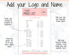 Load image into Gallery viewer, Tshirt PRICE LIST Template Editable. Printable Price Sheet, Price Guide, T-shirt, T SHIRT, Beauty, Screen printing, Custom Menu, Pricing | Pink
