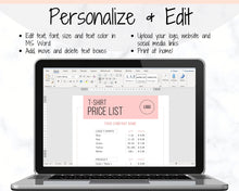 Load image into Gallery viewer, Tshirt PRICE LIST Template Editable. Printable Price Sheet, Price Guide, T-shirt, T SHIRT, Beauty, Screen printing, Custom Menu, Pricing | Pink
