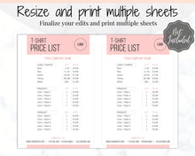 Load image into Gallery viewer, Tshirt PRICE LIST Template Editable. Printable Price Sheet, Price Guide, T-shirt, T SHIRT, Beauty, Screen printing, Custom Menu, Pricing | Pink
