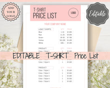 Load image into Gallery viewer, Tshirt PRICE LIST Template Editable. Printable Price Sheet, Price Guide, T-shirt, T SHIRT, Beauty, Screen printing, Custom Menu, Pricing | Pink
