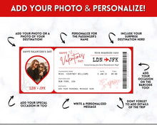 Load image into Gallery viewer, VALENTINE&#39;S Boarding Ticket Template, Valentine&#39;s Day Surprise Boarding Pass, Plane Ticket Vacation, Airline Flight Trip, Holiday Gift | Red
